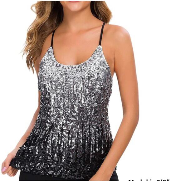 Maner Sequin Sleeveless Strappy Cami Tank Top Silver/Black Women’s Size M NWT - Picture 1 of 9